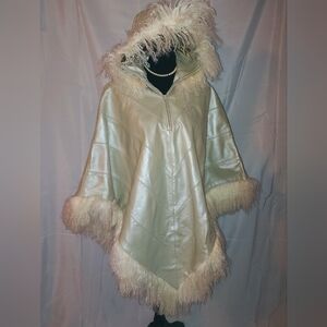 NWT Vintage Niata LEATHER & Fur CHAMPAGNE Hooded Winter Swing Cape Poncho Coat 